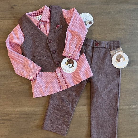New Sarah Louise 3 Pc Boys Suit Set Vest Shirt Pant Burgundy